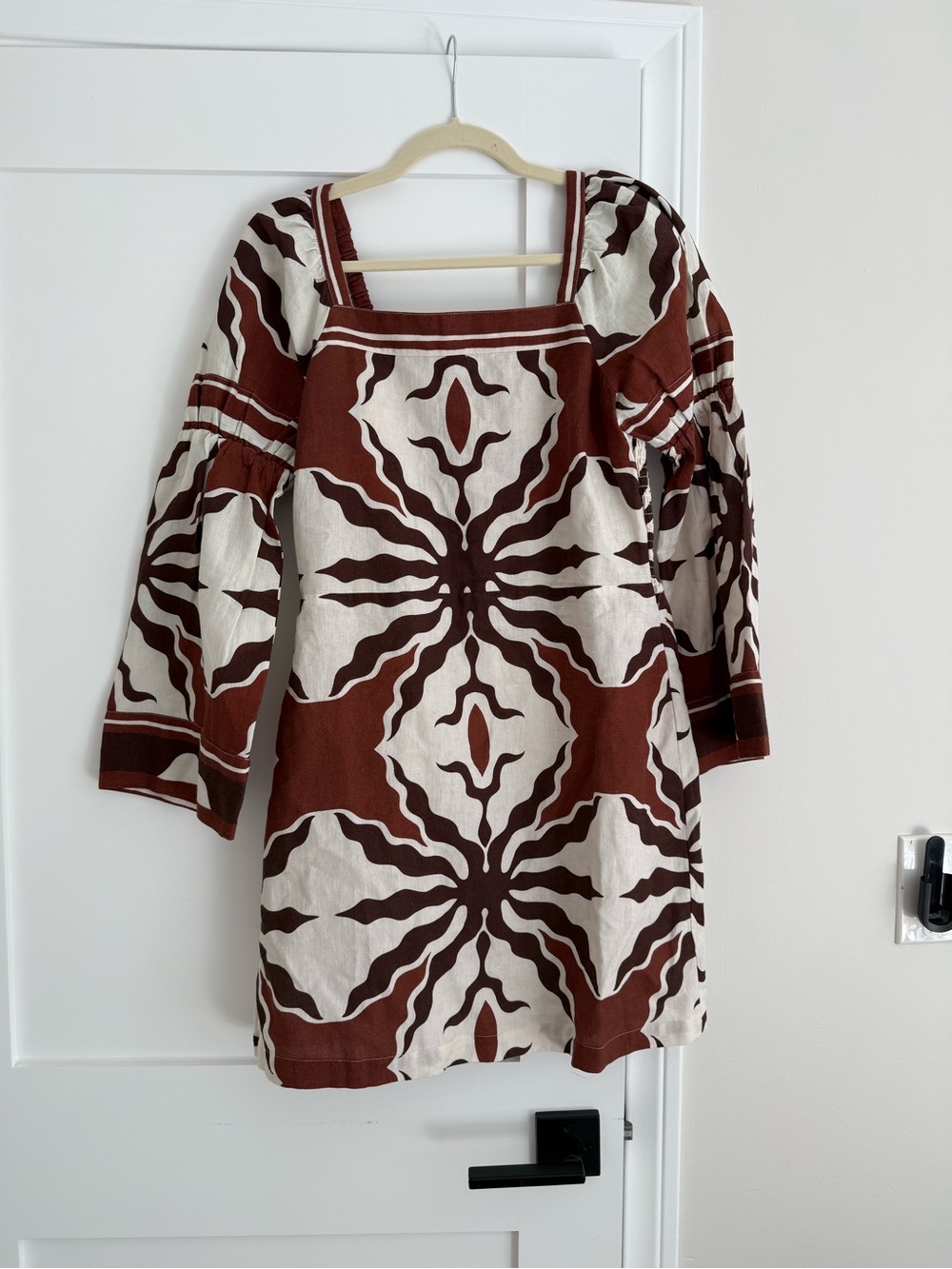 West of Martine Linen Blend Long Sleeve Mini Dress Brown Print NWT Size L